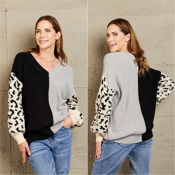 Melody Leopard Colorblock Sweater  - Gray - Picture 3 of 12